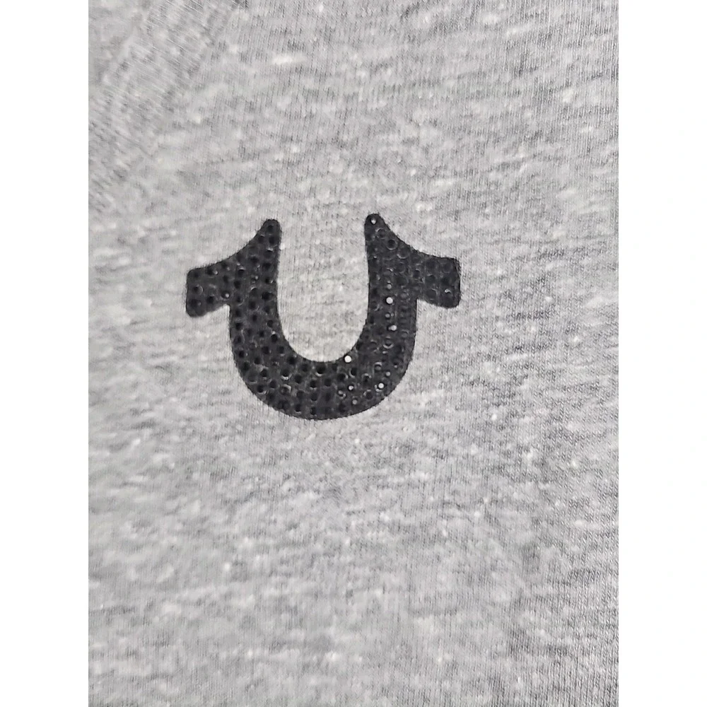 True Religion Womens Gray Short Sleeve Crystal Horseshoe V-neck T-shirt Size XL